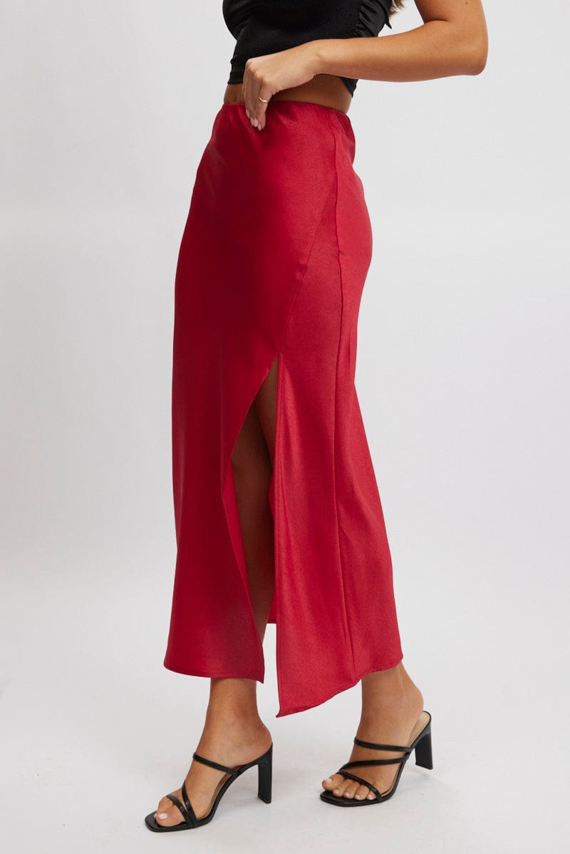 Red Slip Skirt High Waist Front Split Midaxi