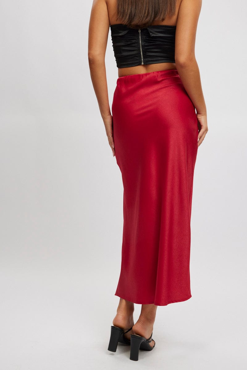 Red Slip Skirt High Waist Front Split Midaxi