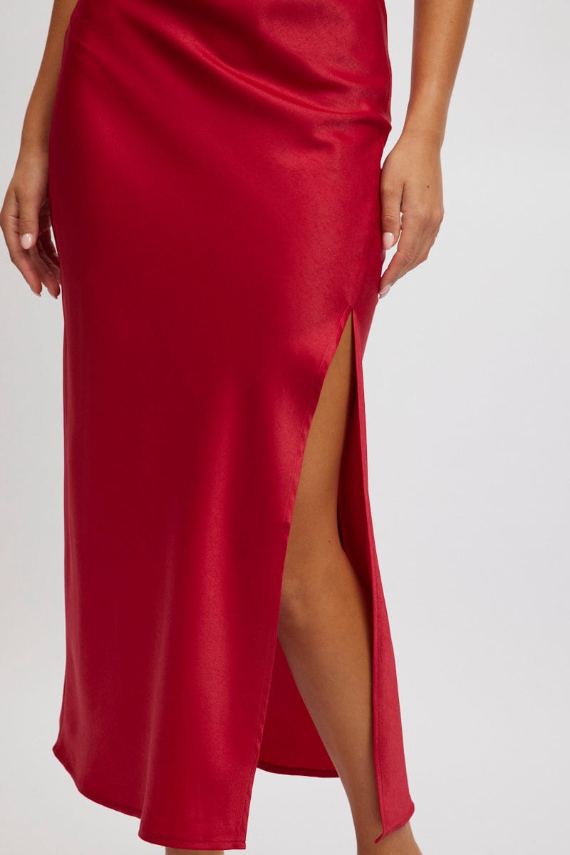 Red Slip Skirt High Waist Front Split Midaxi