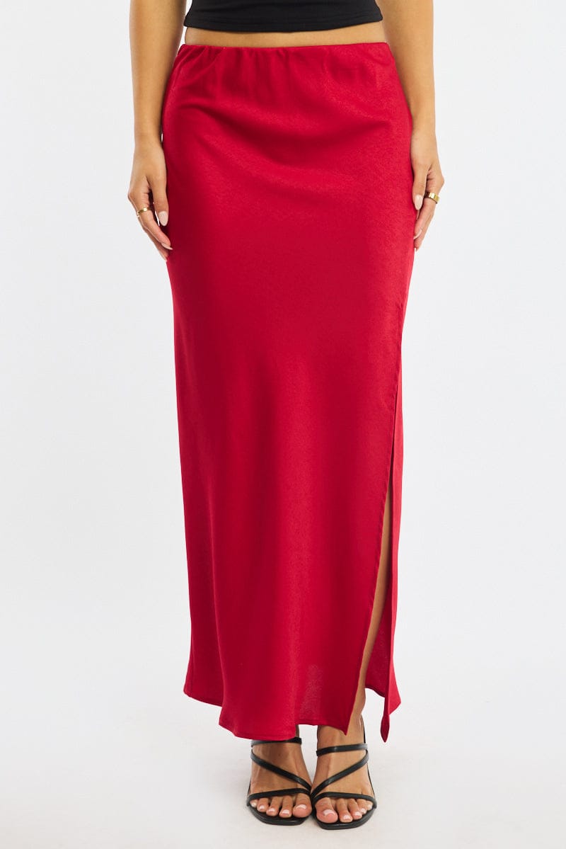 Red Slip Skirt High Waist Front Split Midaxi