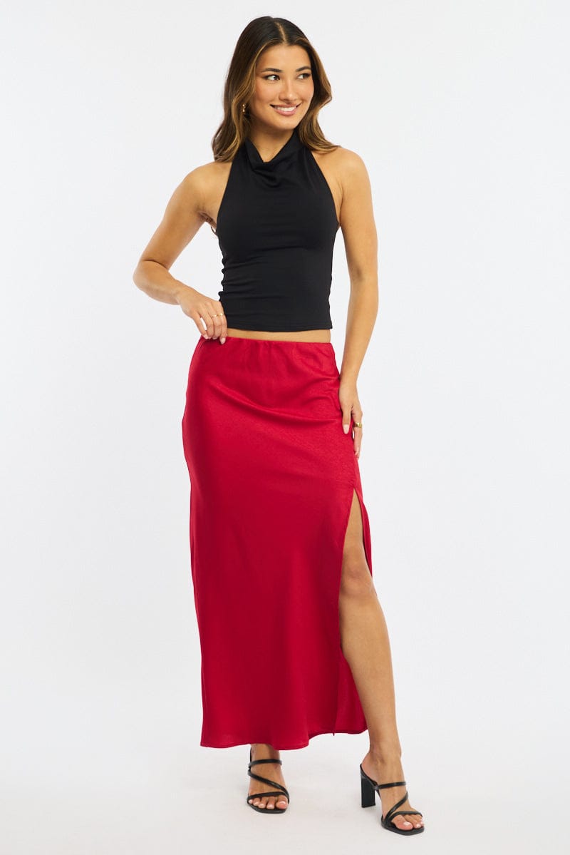 Red Slip Skirt High Waist Front Split Midaxi