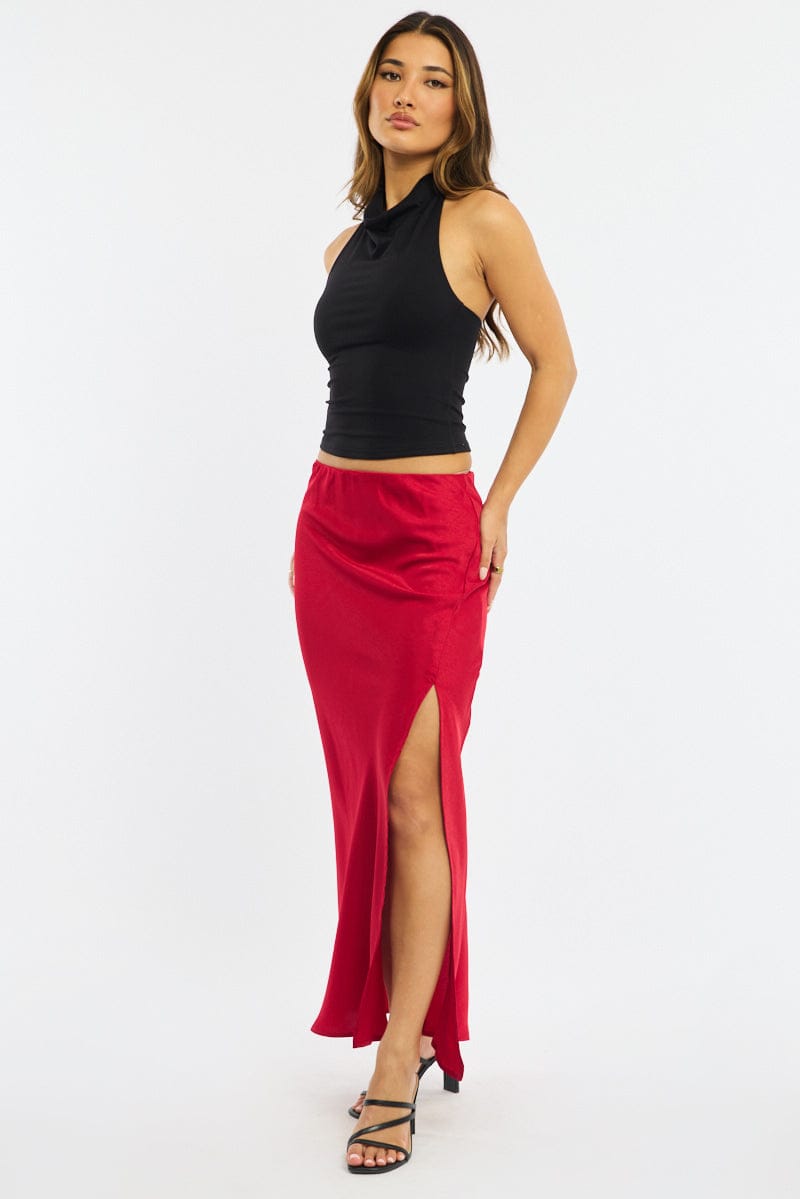Red Slip Skirt High Waist Front Split Midaxi