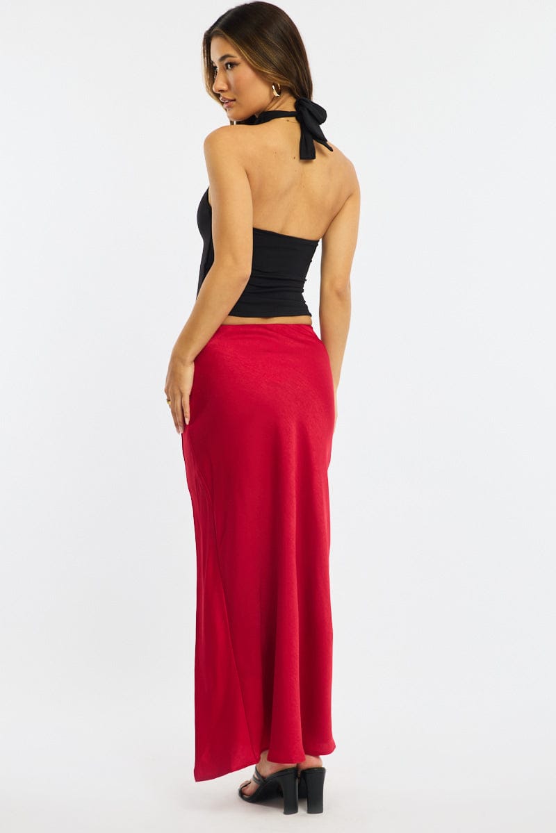 Red Slip Skirt High Waist Front Split Midaxi