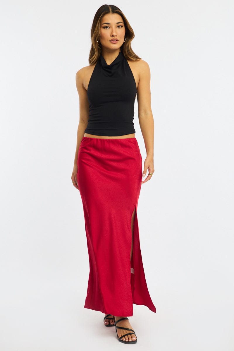 Red Slip Skirt High Waist Front Split Midaxi