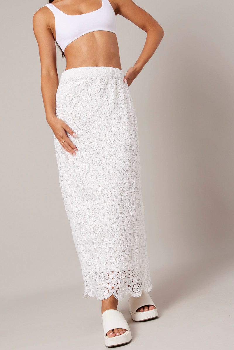 White Midi Skirt High Rise Lace