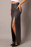 Grey Stripe Midi Skirt Tailored High Waist