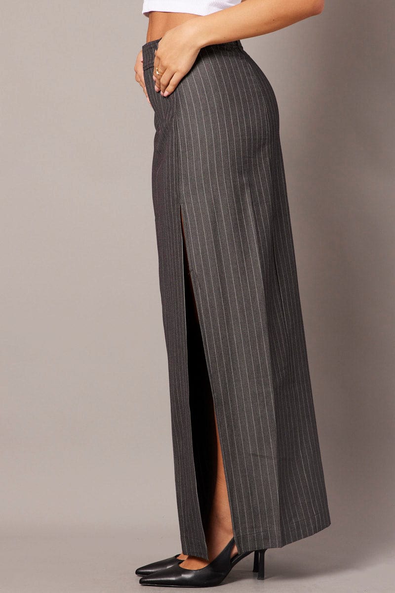 Grey Stripe Midi Skirt Tailored High Waist