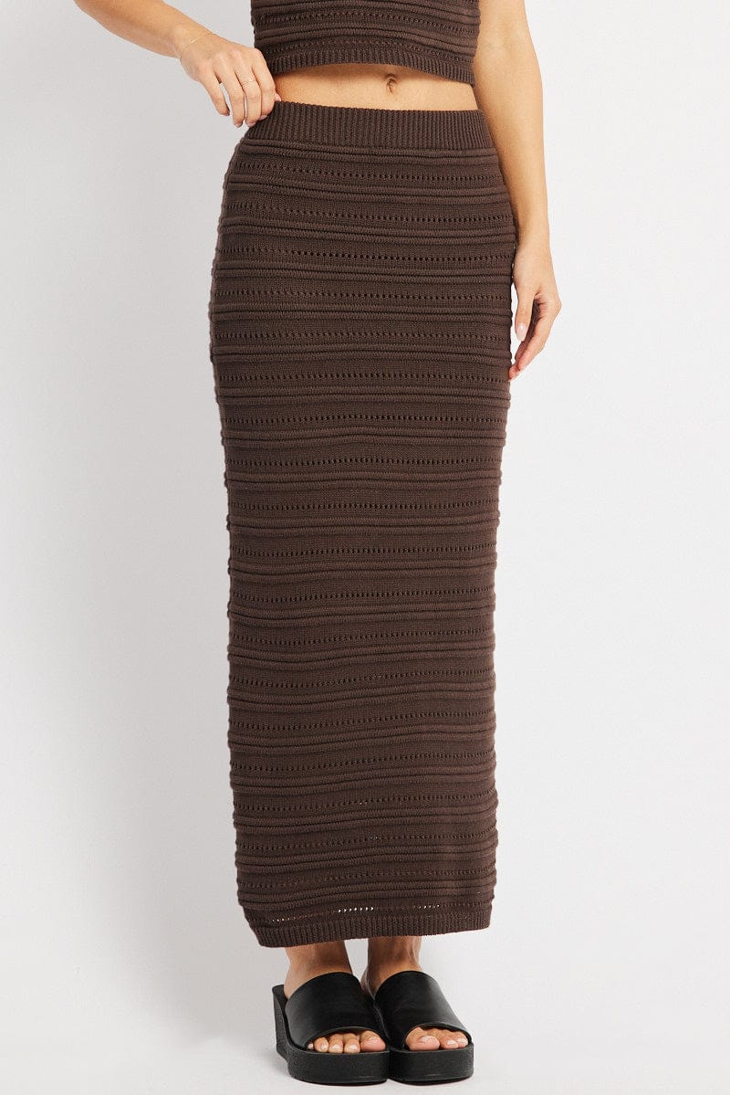Brown Crochet Skirt High Rise Elastic Waistband Midi