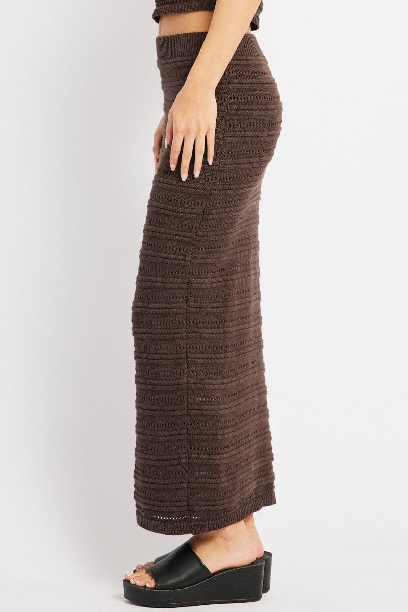 Brown Crochet Skirt High Rise Elastic Waistband Midi