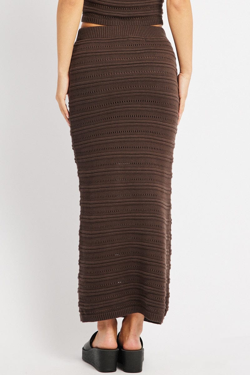 Brown Crochet Skirt High Rise Elastic Waistband Midi