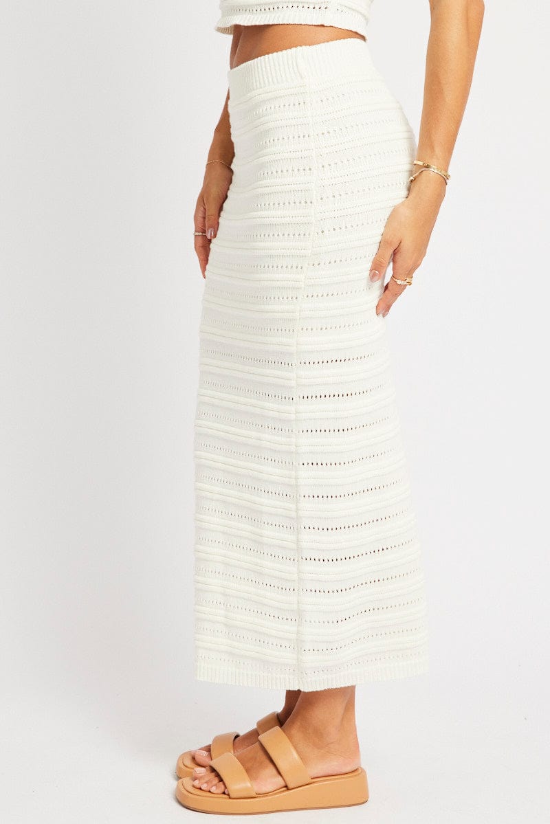 White Crochet Skirt High Rise Elastic Waistband Midi