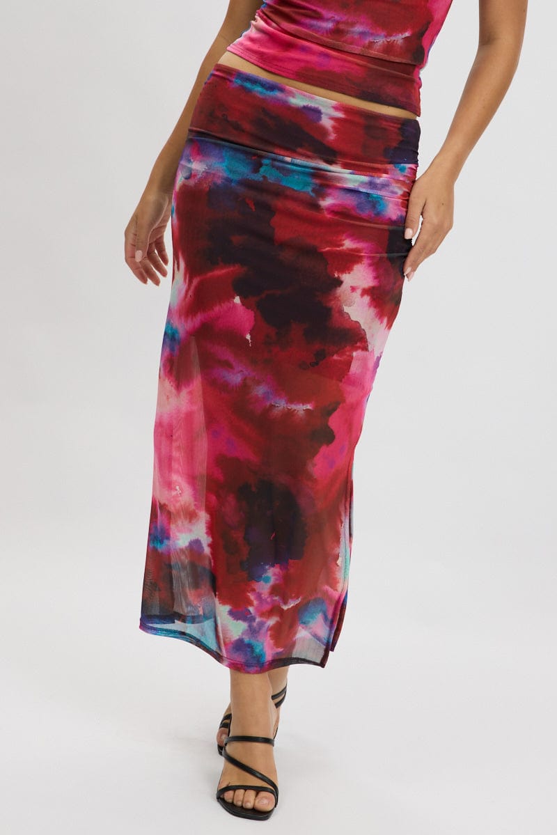 Multi Abstract Midaxi Skirt High Rise Ruched Lined