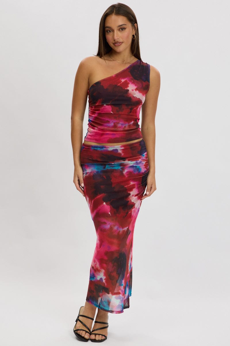 Multi Abstract Midaxi Skirt High Rise Ruched Lined