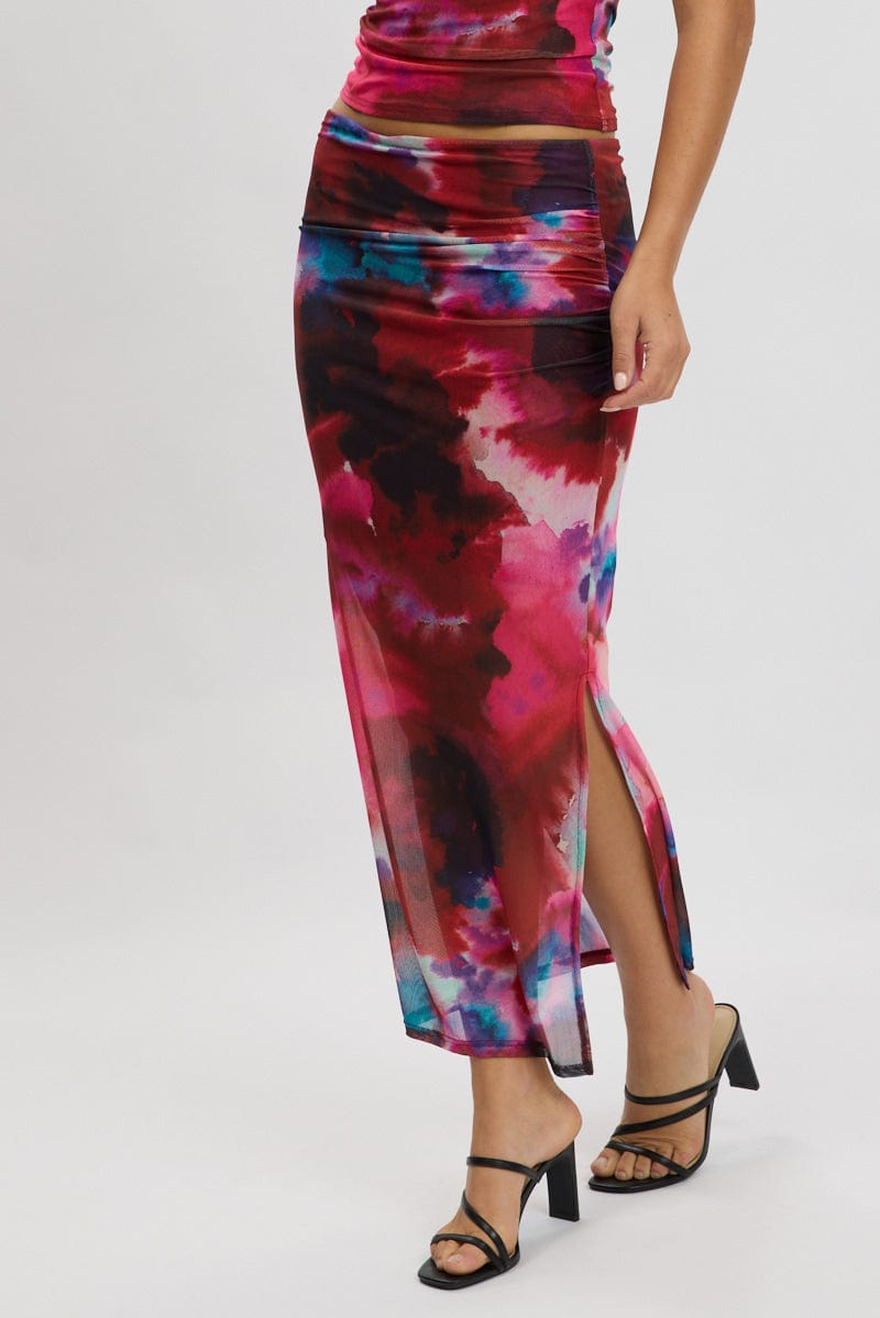 Multi Abstract Midaxi Skirt High Rise Ruched Lined