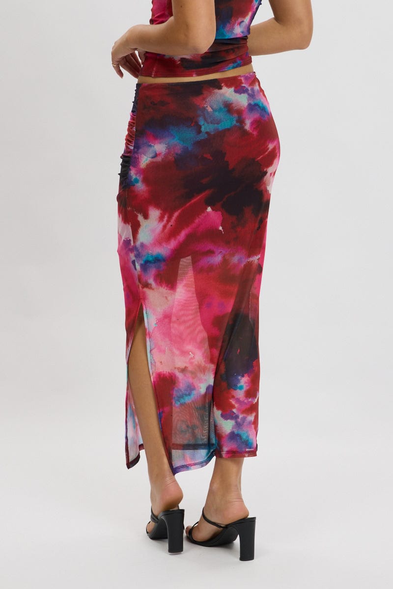Multi Abstract Midaxi Skirt High Rise Ruched Lined