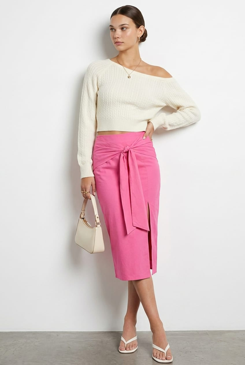 Pink Front Tie Midi Skirt