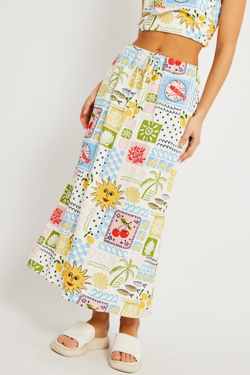 Multi Abstract Midaxi Skirt Relaxed Fit Elastic Waist