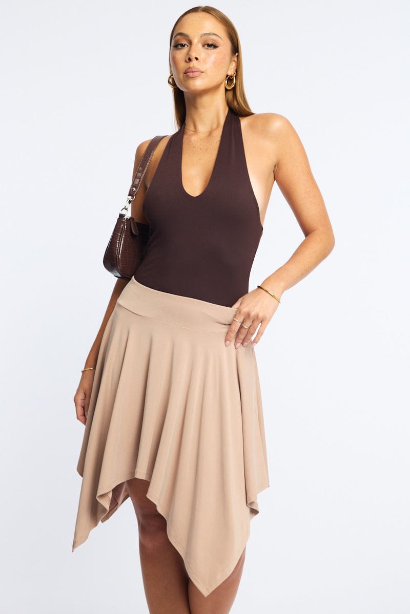Beige Midi Scarf Skirt Handkerchief Hem Modal Blend