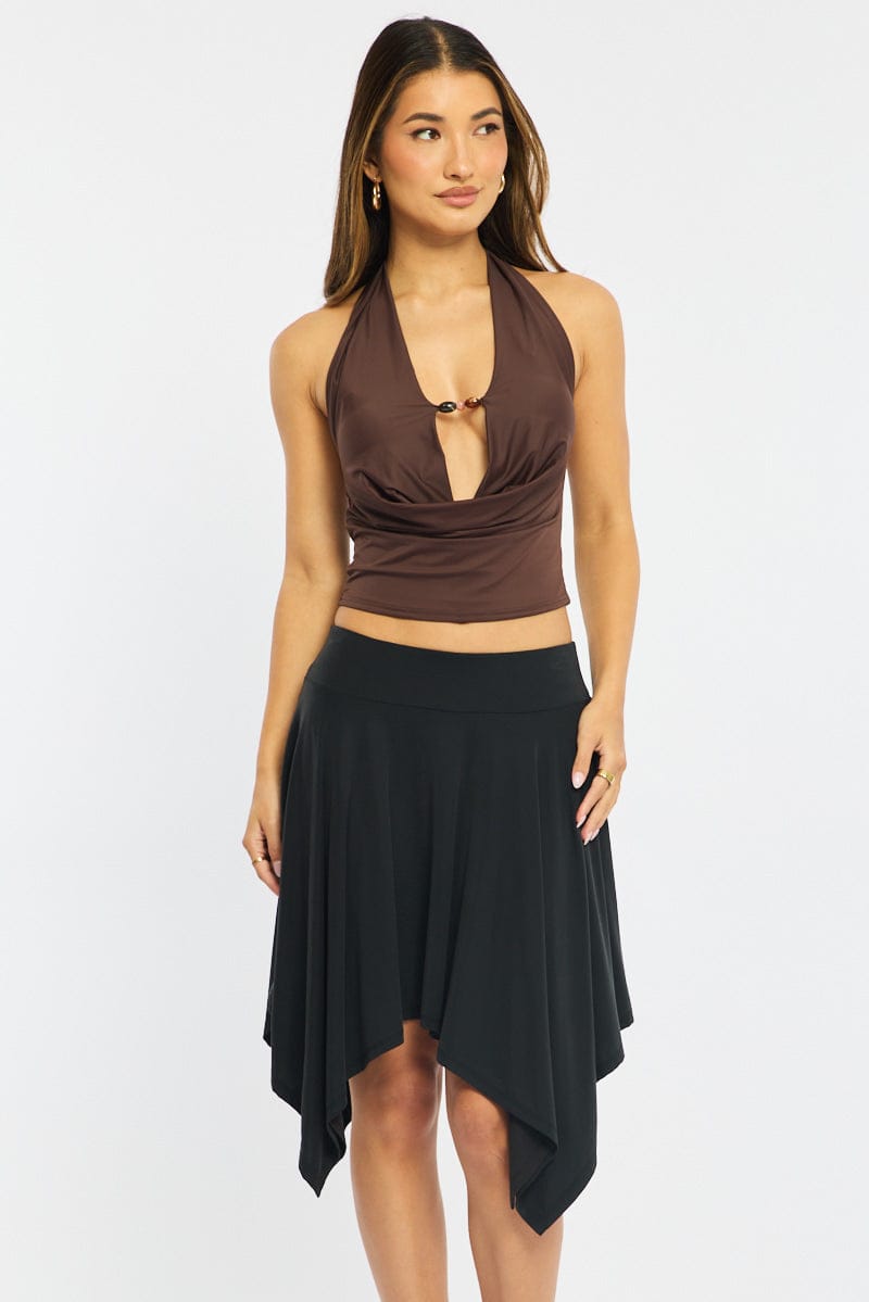 Black Midi Scarf Skirt Handkerchief Hem Modal Blend