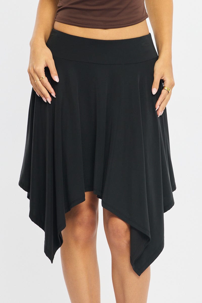 Black Midi Scarf Skirt Handkerchief Hem Modal Blend