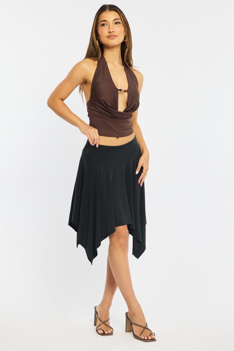 Black Midi Scarf Skirt Handkerchief Hem Modal Blend