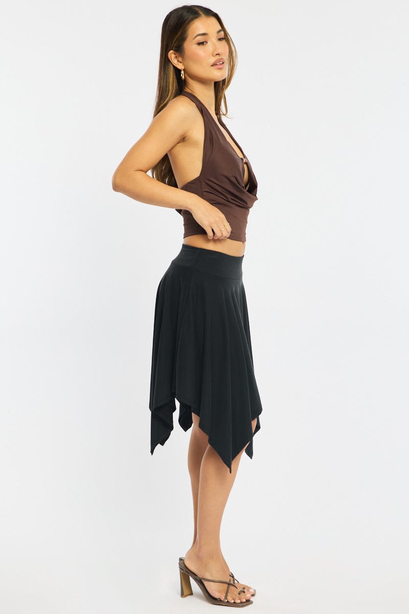 Black Midi Scarf Skirt Handkerchief Hem Modal Blend