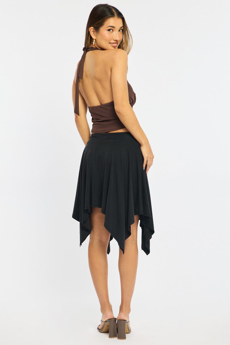 Black Midi Scarf Skirt Handkerchief Hem Modal Blend