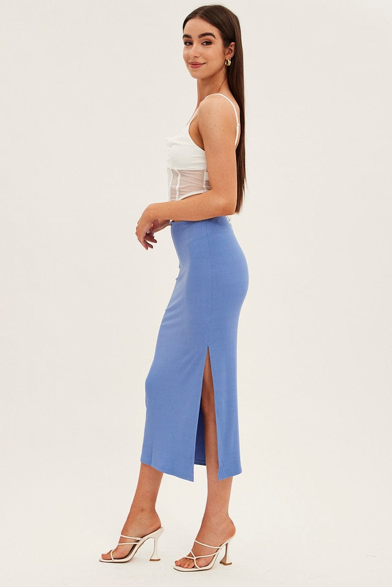 Blue Midi Skirt Bodycon Tie Contrast Ribbed