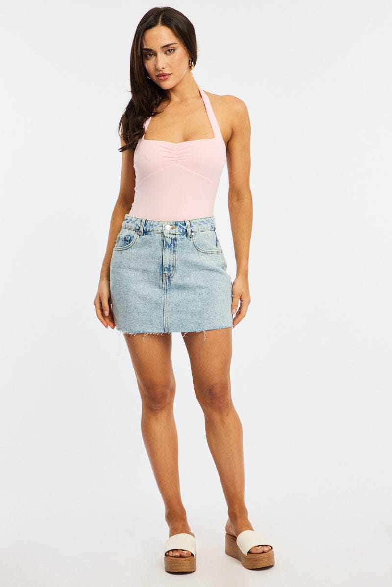 Denim Mini Skirt Mid Rise Raw Edge