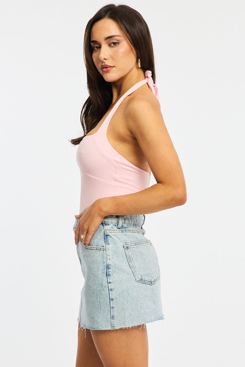 Denim Mini Skirt Mid Rise Raw Edge