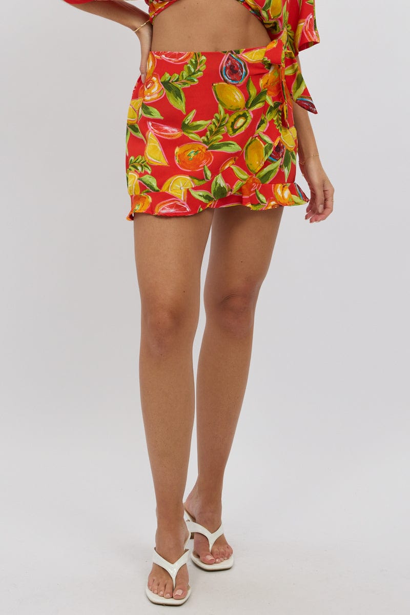 Red Abstract Wrap Skirt High Waisted Mini Ruffle