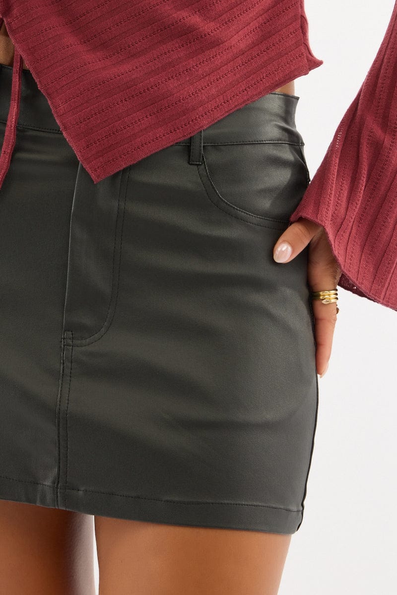 Black Mini Skirt Mid Rise Regular Fit Coated