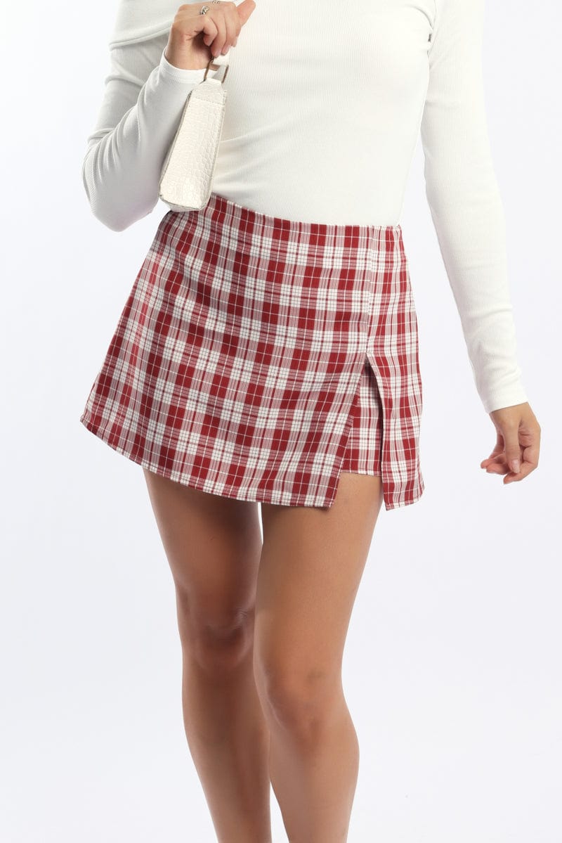 Red Check Mini Skort Skirt Mid Rise Tailored