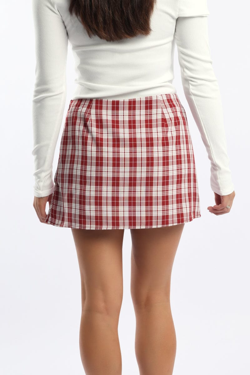Red Check Mini Skort Skirt Mid Rise Tailored