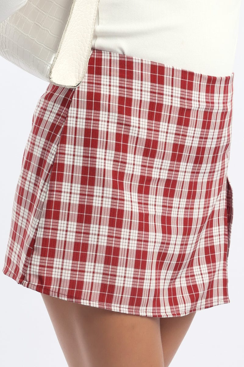 Red Check Mini Skort Skirt Mid Rise Tailored