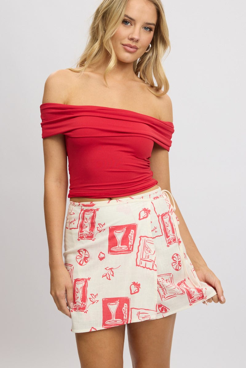 White Abstract Wrap Skirt High Rise Mini Linen