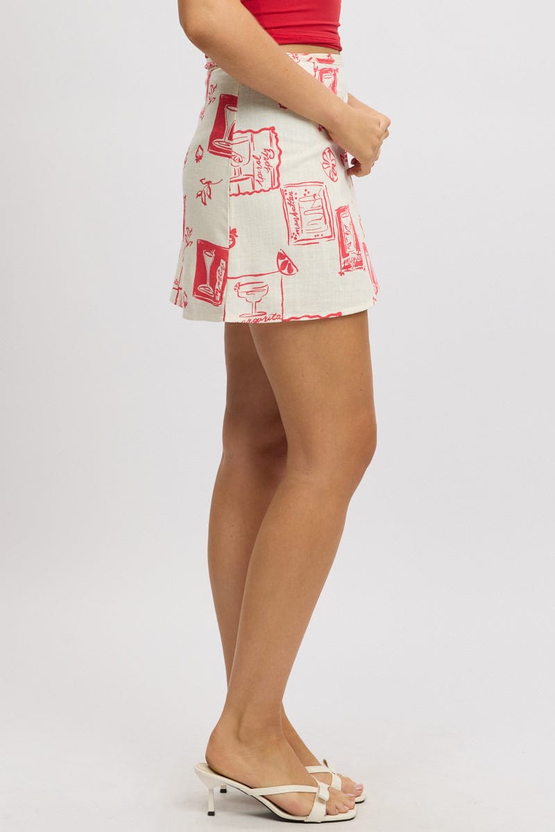 White Abstract Wrap Skirt High Rise Mini Linen