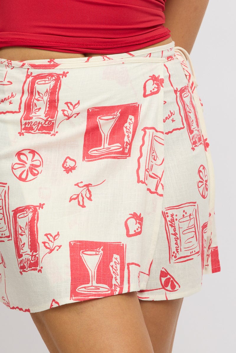 White Abstract Wrap Skirt High Rise Mini Linen