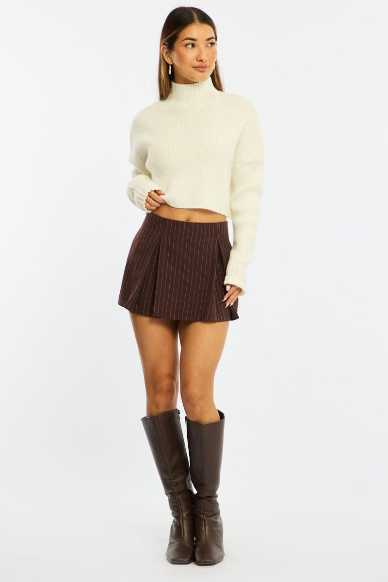 Brown Stripe Mini Skort Skirt High Waisted Lined
