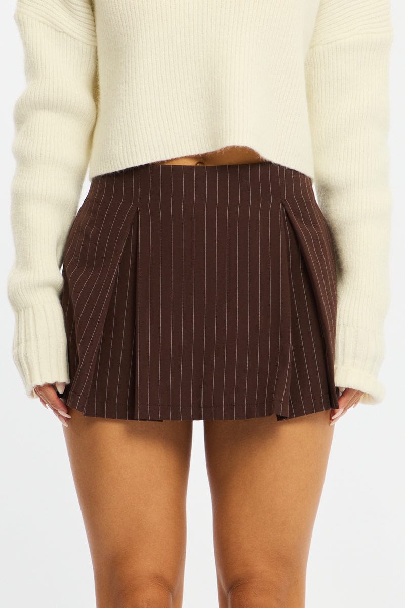 Brown Stripe Mini Skort Skirt High Waisted Lined