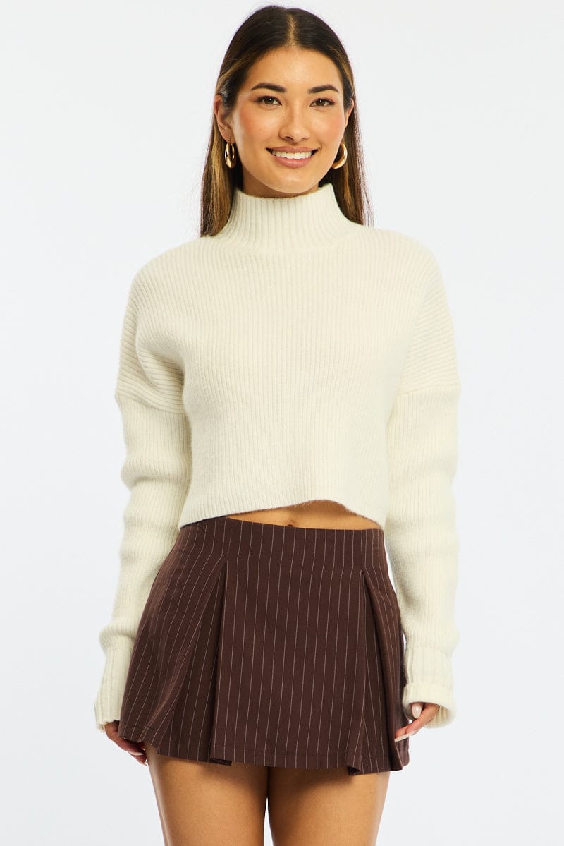 Brown Stripe Mini Skort Skirt High Waisted Lined