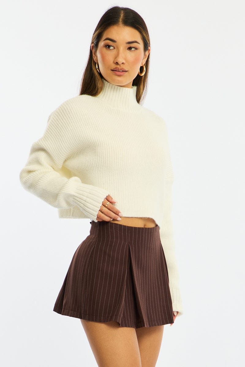Brown Stripe Mini Skort Skirt High Waisted Lined
