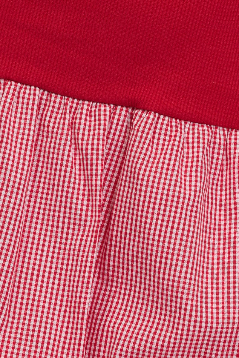 Red Check Bubble Skirt High Rise Rib Waist