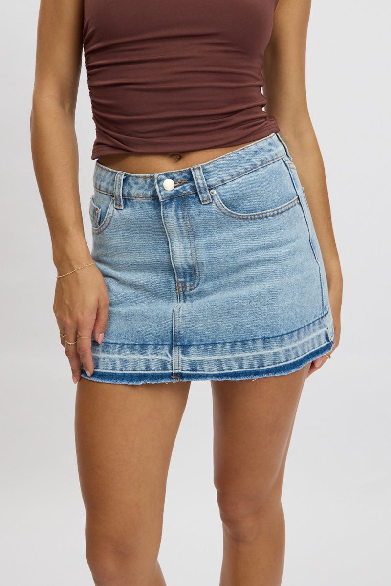 Denim Mini Skirt Mid Rise Let Down Hem