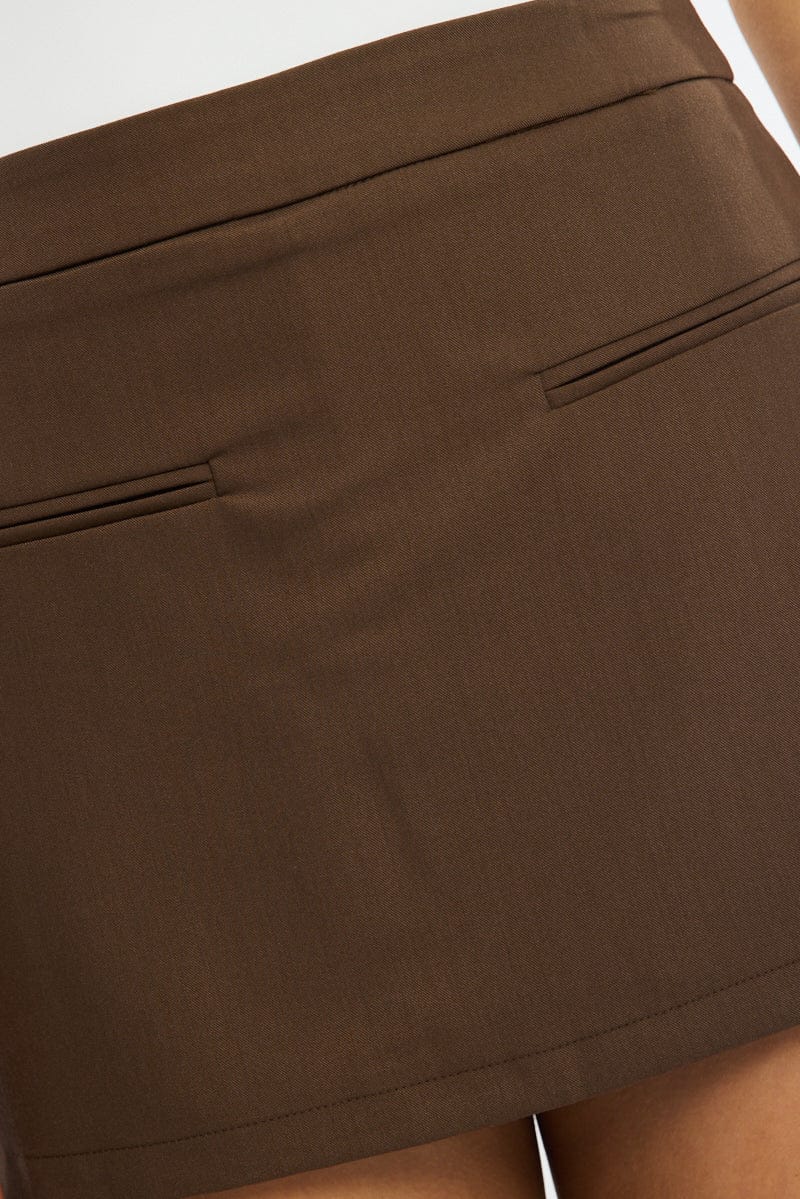 Brown Mini Skort Skirt High Rise Pocket Tailored