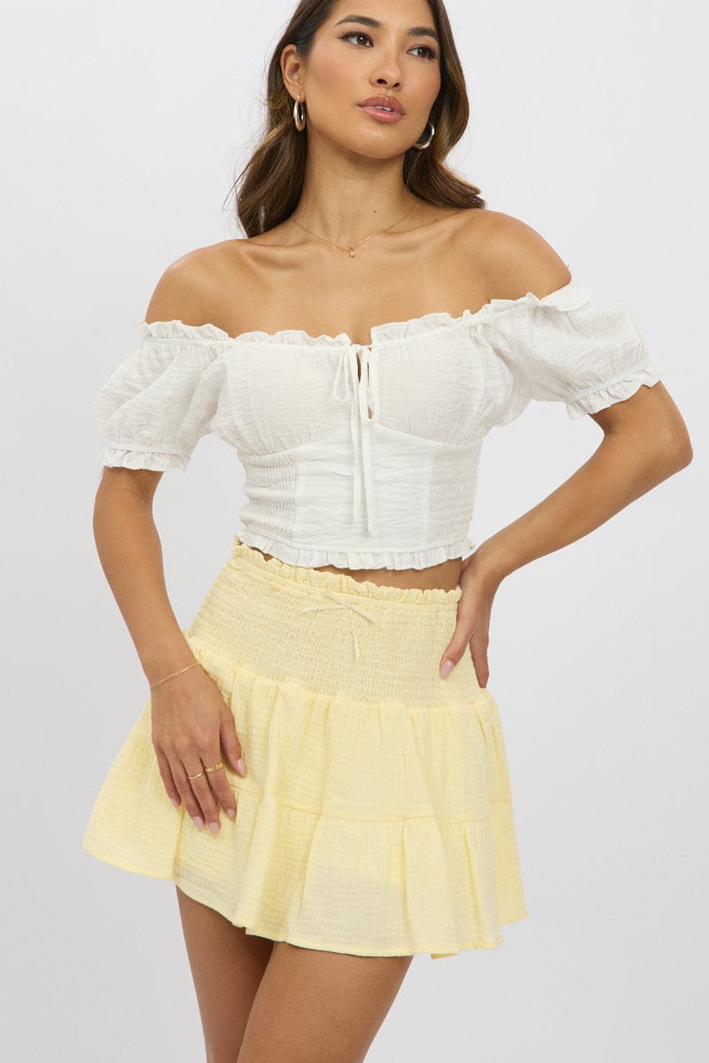 Yellow Mini Skort Skirt Shirred Waist Cotton Textured