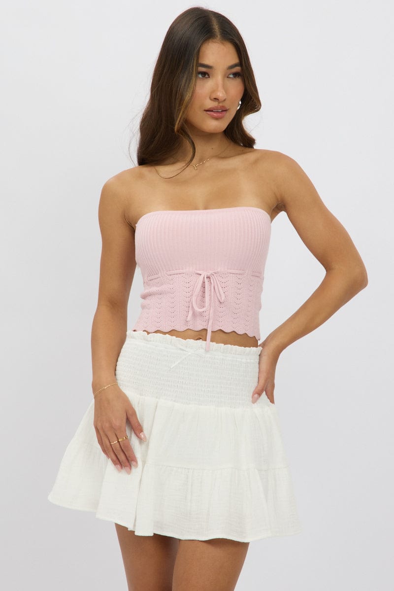 White Mini Skort Skirt Shirred Waist Cotton Textured