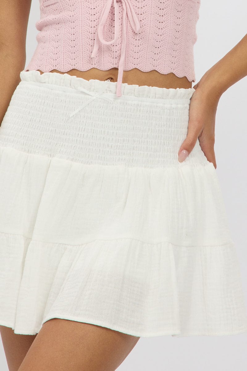 White Mini Skort Skirt Shirred Waist Cotton Textured