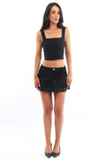 Black Floral Mini Skirt Elastic Waist Skater Layered