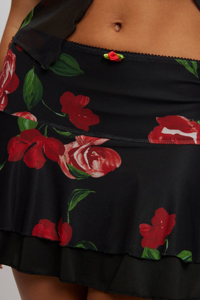 Black Floral Mini Skirt Elasticated Waist Skater Layered